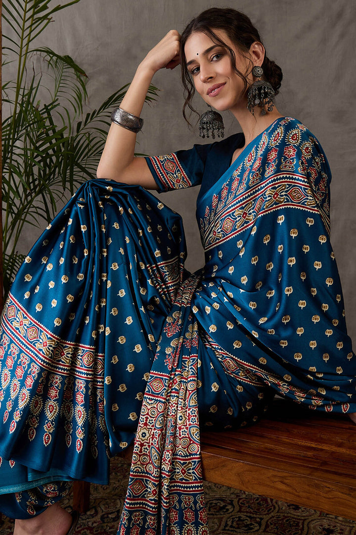 Prussian Blue Ajrakh Printed Satin Silk Saree