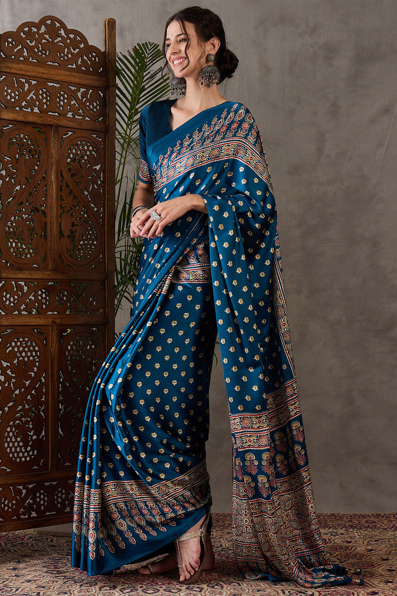 Prussian Blue Ajrakh Printed Satin Silk Saree