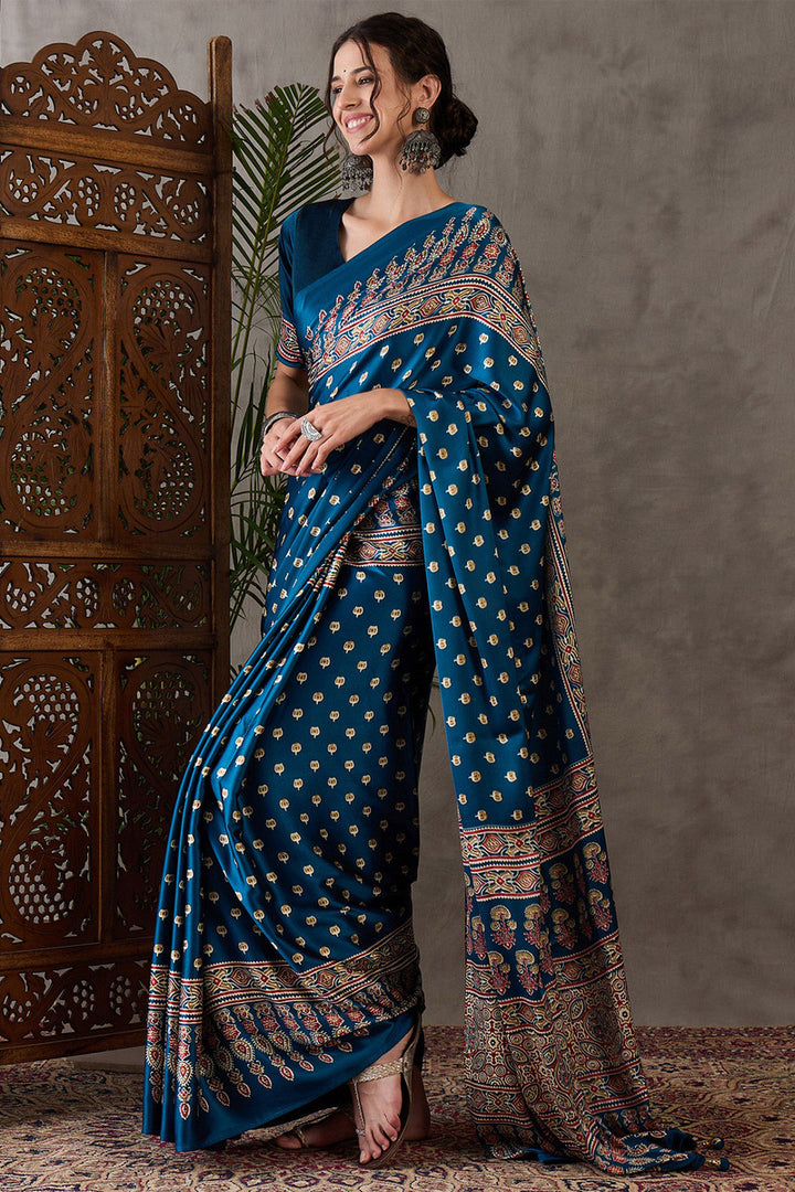 Prussian Blue Ajrakh Printed Satin Silk Saree