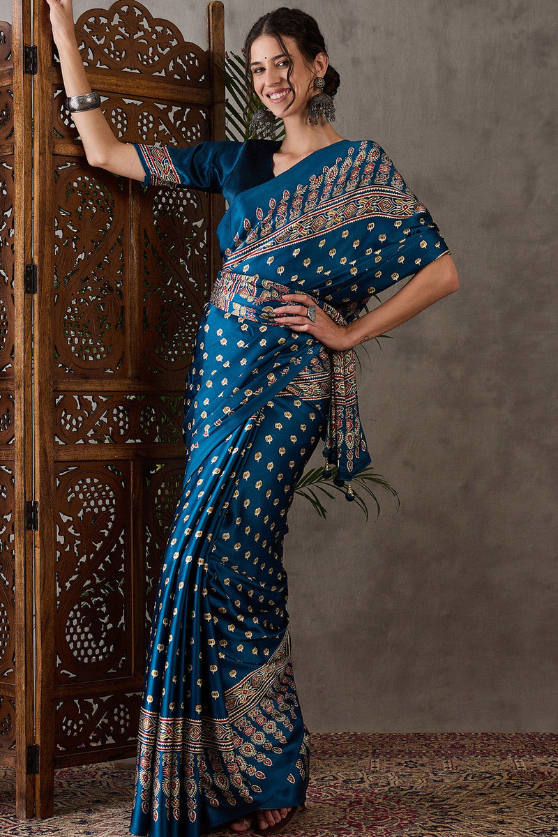 Prussian Blue Ajrakh Printed Satin Silk Saree