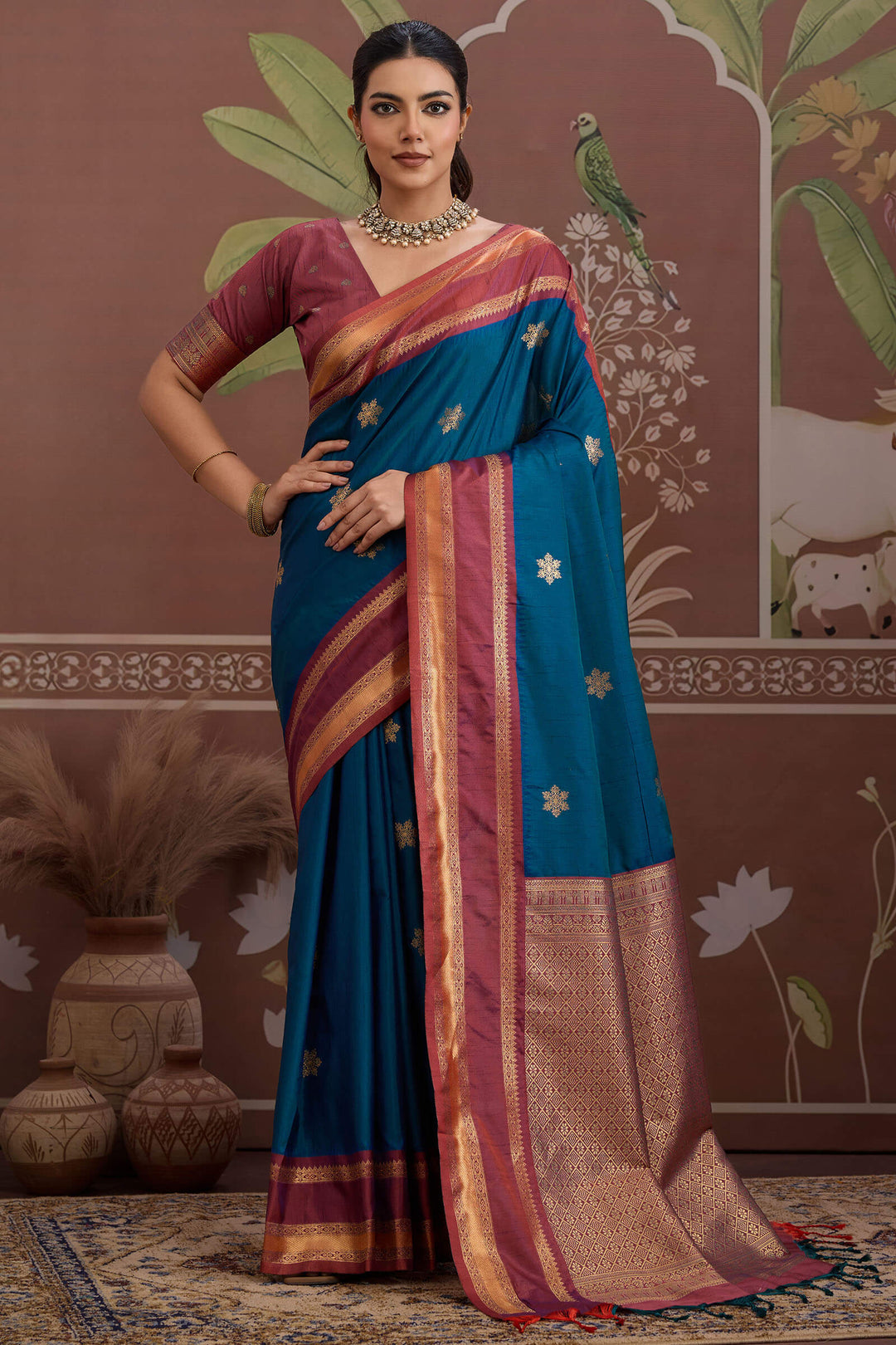 Prussian Blue Banarasi Tussar Silk Saree