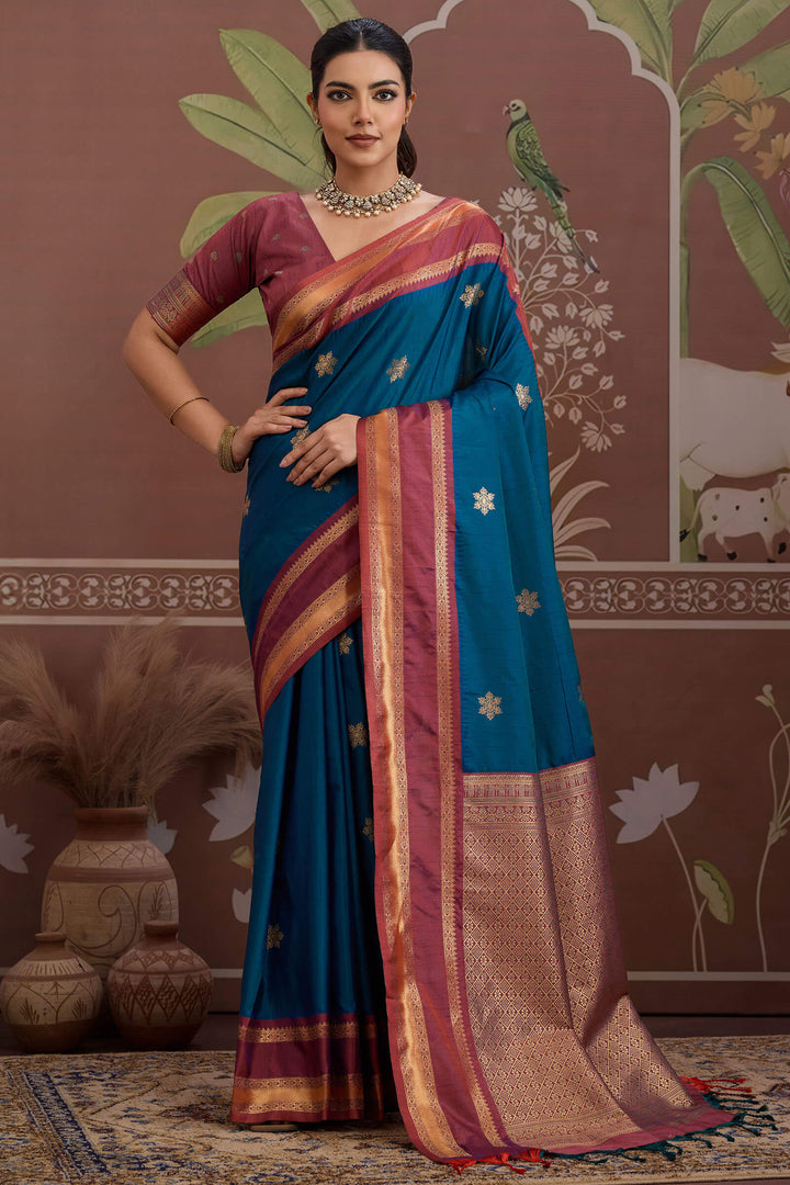 Prussian Blue Banarasi Tussar Silk Saree