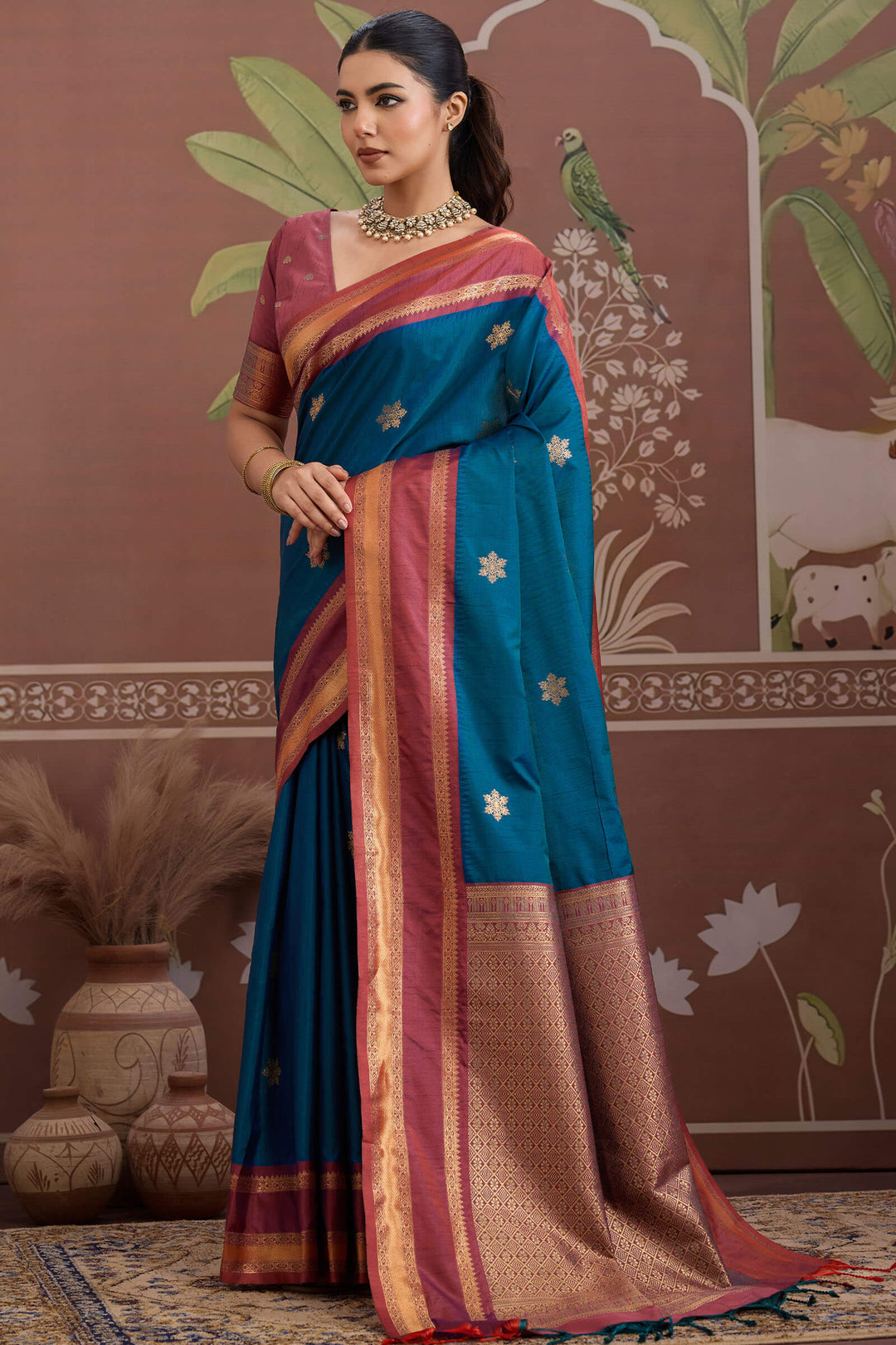 Prussian Blue Banarasi Tussar Silk Saree