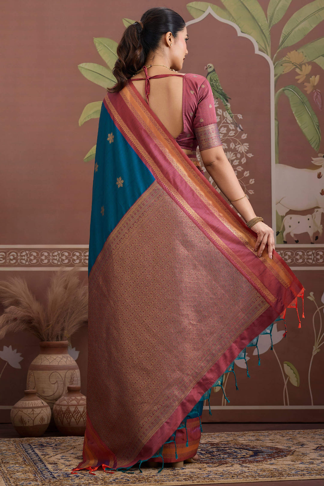 Prussian Blue Banarasi Tussar Silk Saree