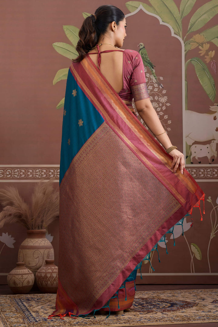 Prussian Blue Banarasi Tussar Silk Saree