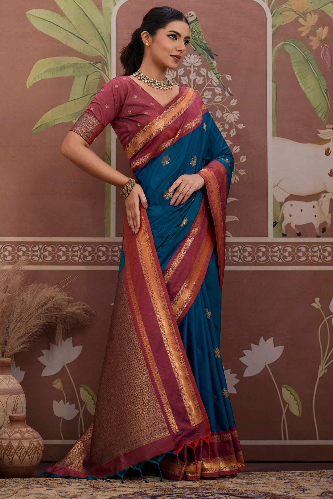 Prussian Blue Banarasi Tussar Silk Saree