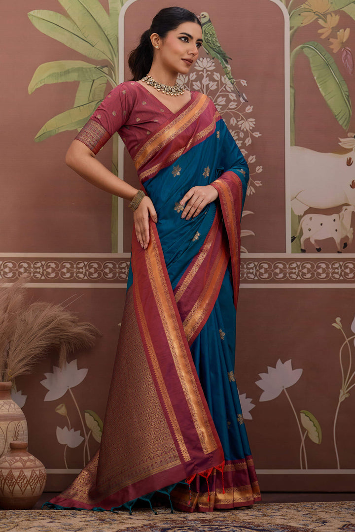 Prussian Blue Banarasi Tussar Silk Saree
