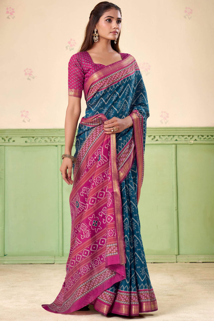 Prussian Blue Printed Mul cotton Silk Saree