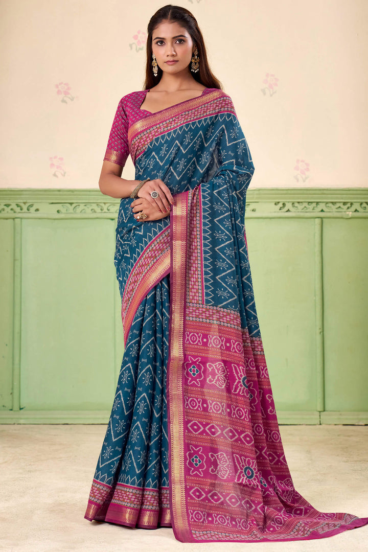 Prussian Blue Printed Mul cotton Silk Saree