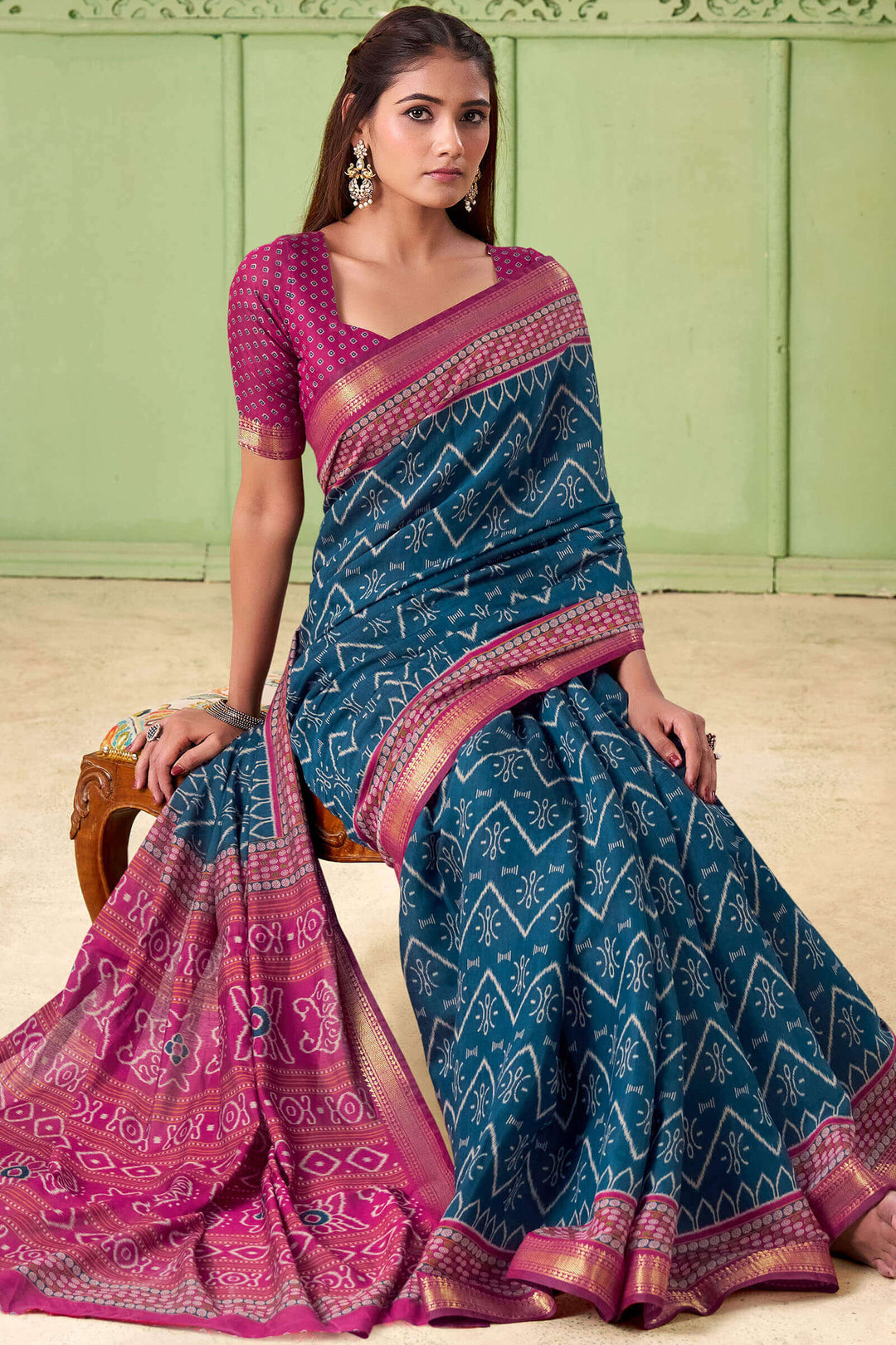 Prussian Blue Printed Mul cotton Silk Saree
