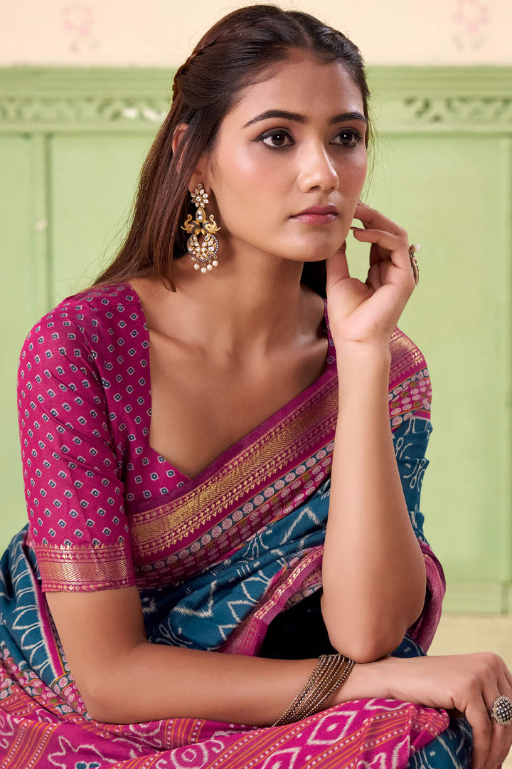 Prussian Blue Printed Mul cotton Silk Saree
