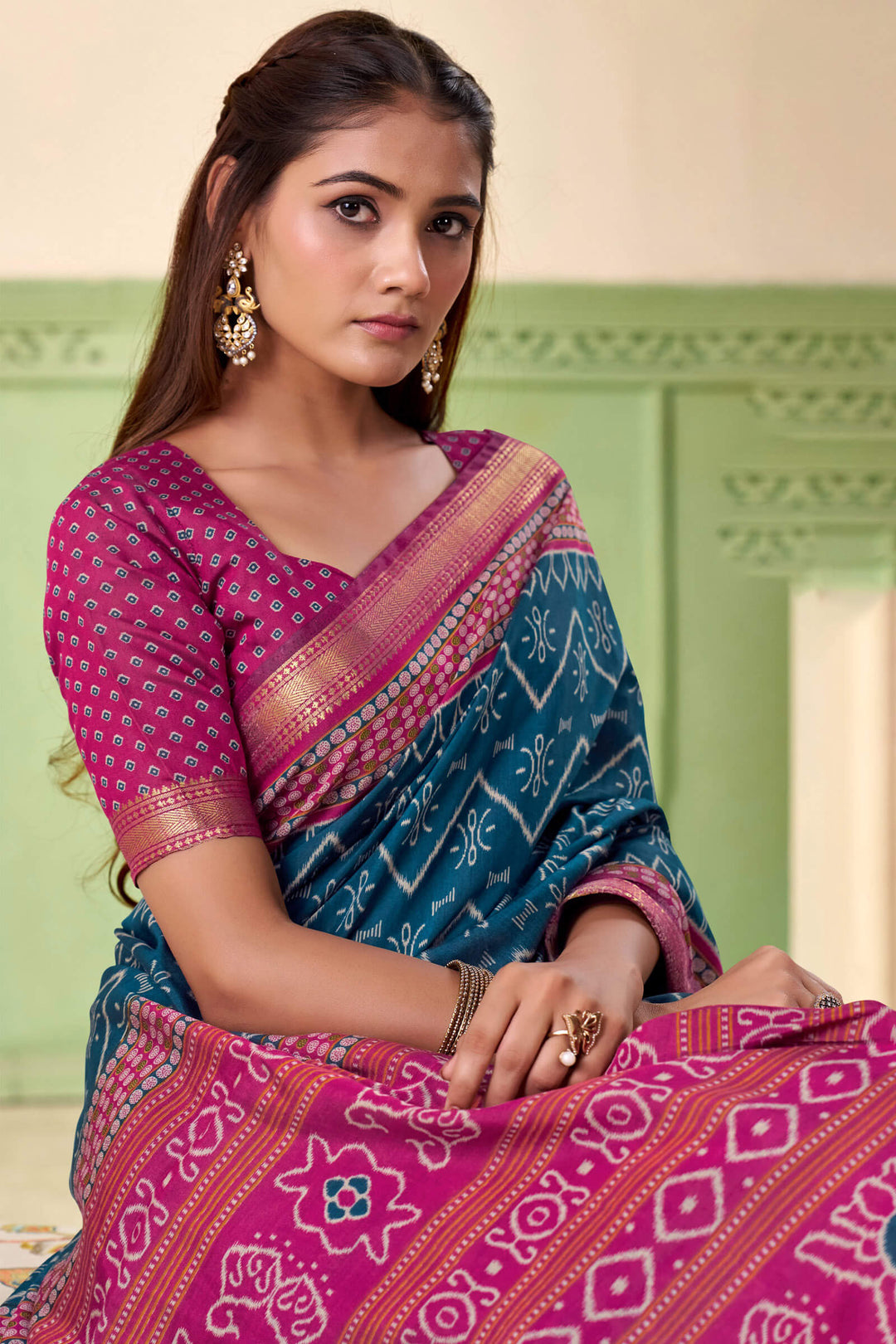 Prussian Blue Printed Mul cotton Silk Saree