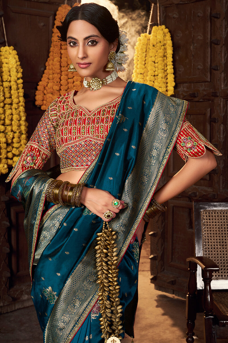 Prussian Blue Pure Silk Saree With Embroidery Blouse