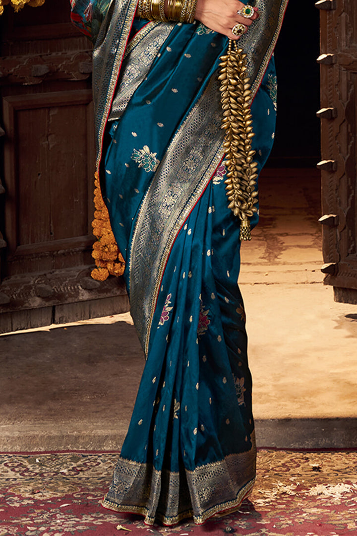Prussian Blue Pure Silk Saree With Embroidery Blouse