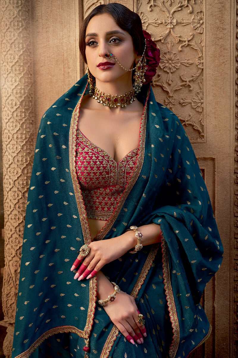 Prussian Blue Pure Viscose Crepe Silk Saree with Embroidery Blouse Piece