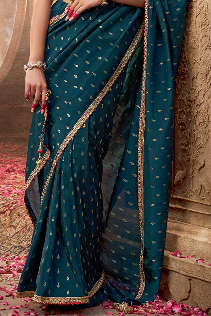 Prussian Blue Pure Viscose Crepe Silk Saree with Embroidery Blouse Piece