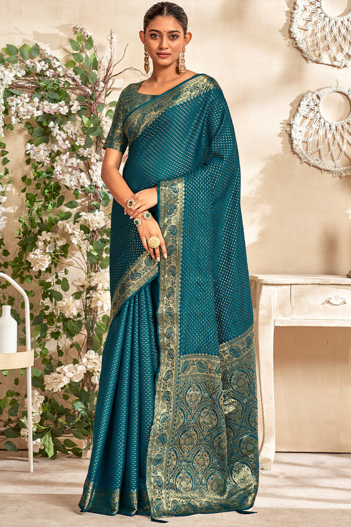 Prussian Blue Soft Banarasi Silk Saree