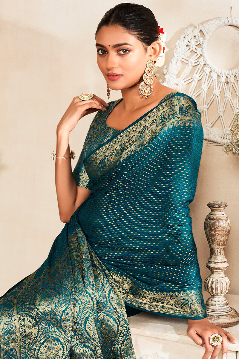 Prussian Blue Soft Banarasi Silk Saree