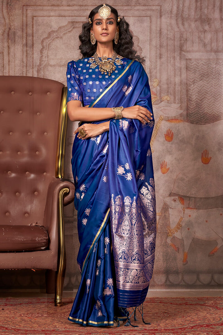 Prussian Blue Zari Woven Banarasi Satin Silk Saree