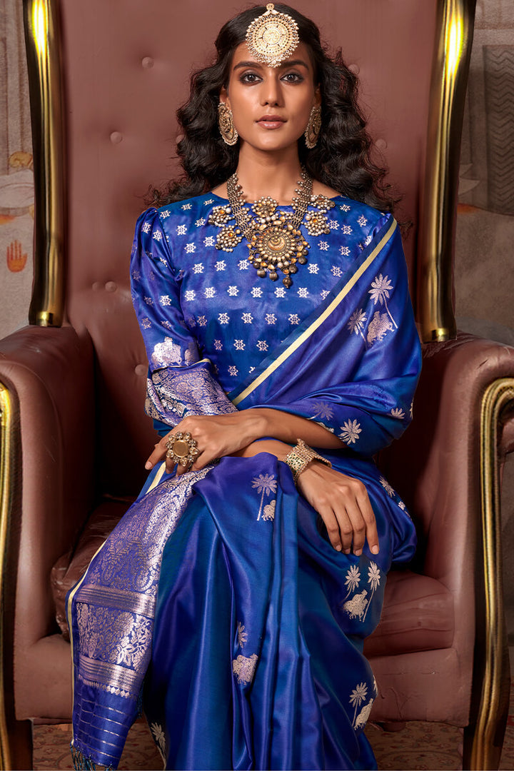 Prussian Blue Zari Woven Banarasi Satin Silk Saree