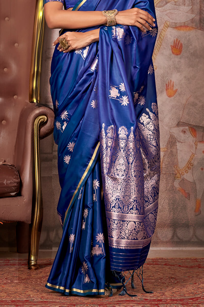 Prussian Blue Zari Woven Banarasi Satin Silk Saree