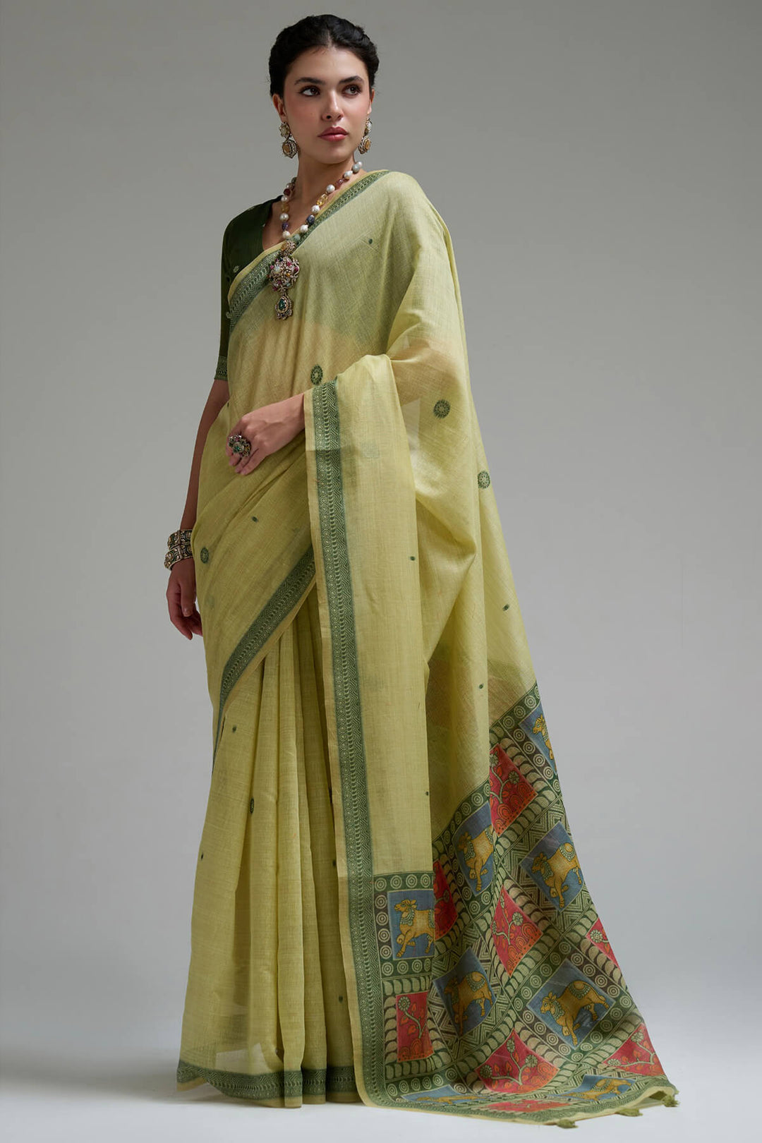 Pulpit Green Jamdani Cotton Silk Saree