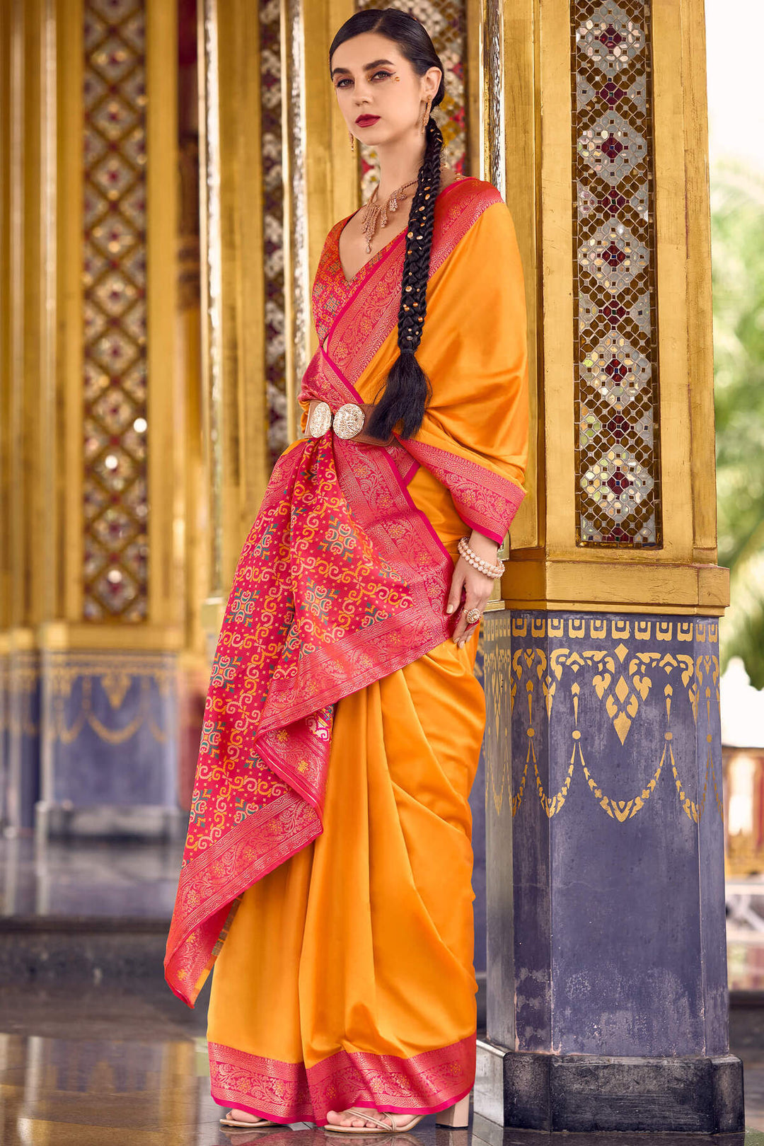 Pumpkin Orange Zari Woven Soft Silk Saree