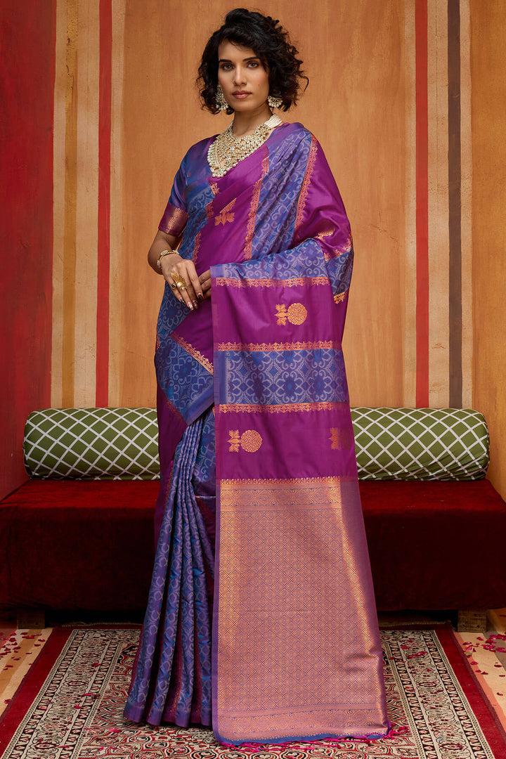 Purple and Blue Zari Handloom Soft Banarasi Silk Saree
