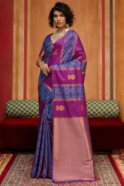 Purple and Blue Zari Handloom Soft Banarasi Silk Saree
