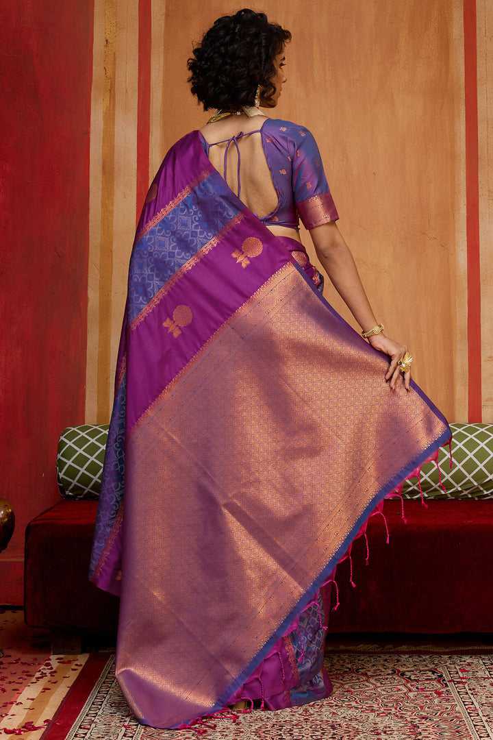 Purple and Blue Zari Handloom Soft Banarasi Silk Saree