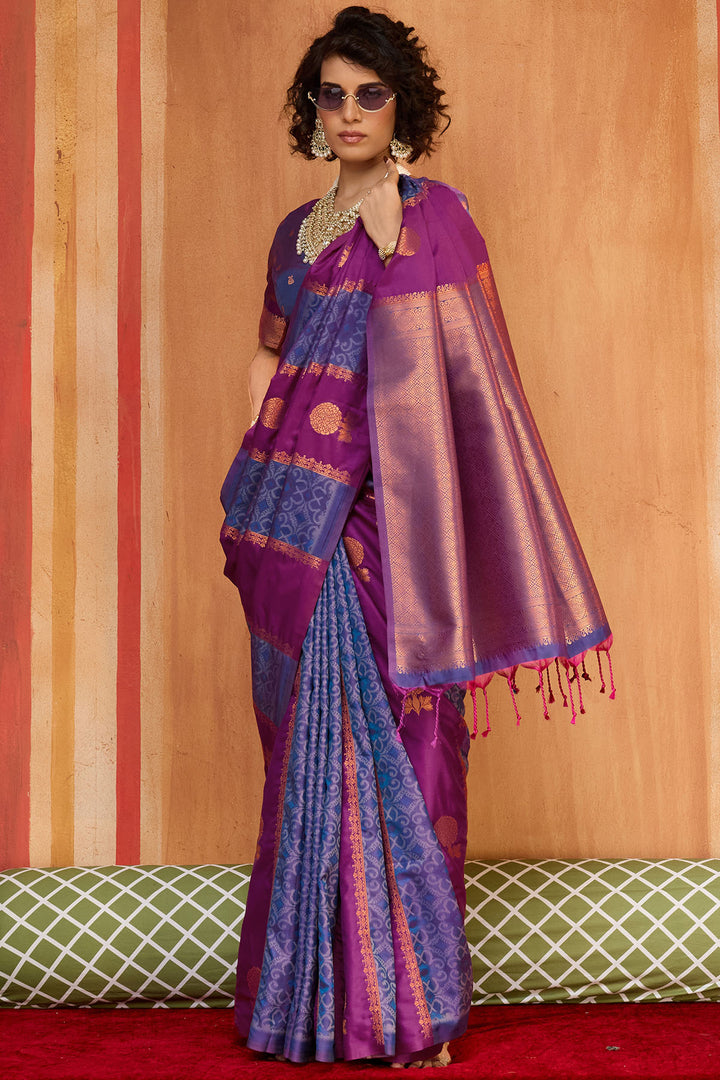 Purple and Blue Zari Handloom Soft Banarasi Silk Saree