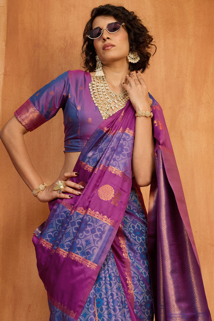 Purple and Blue Zari Handloom Soft Banarasi Silk Saree