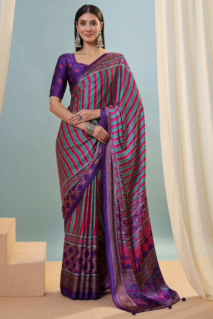 Purple and Pink Ajrakh Printed Satin Silk Saree