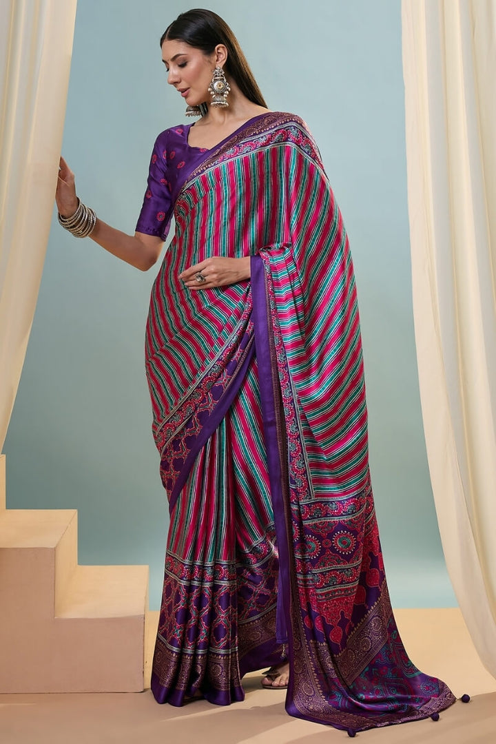 Purple and Pink Ajrakh Printed Satin Silk Saree