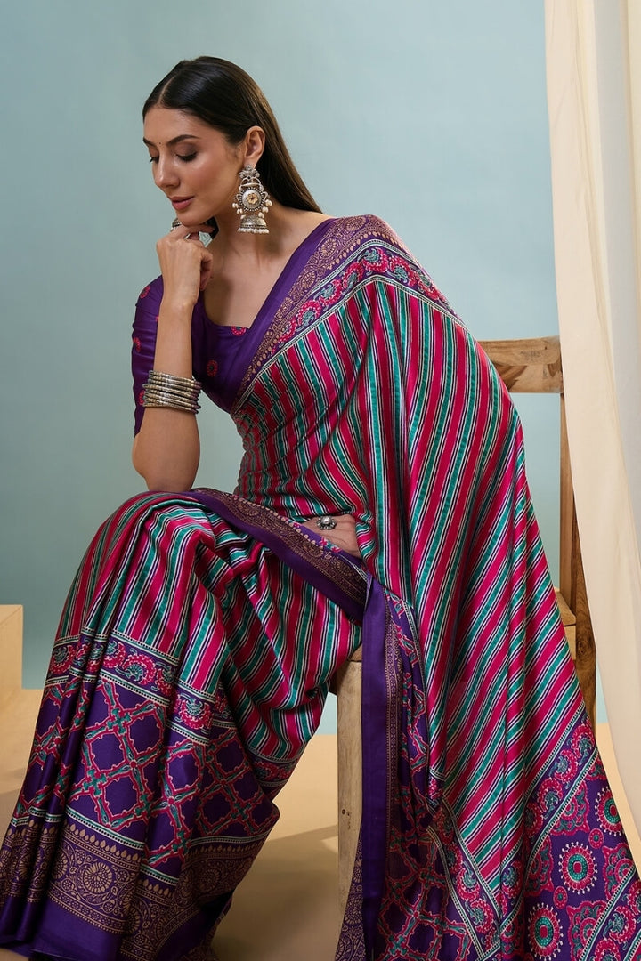 Purple and Pink Ajrakh Printed Satin Silk Saree