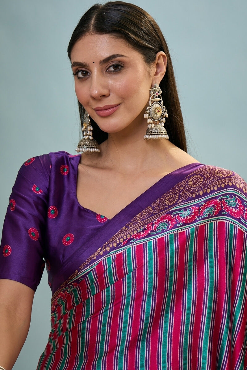 Purple and Pink Ajrakh Printed Satin Silk Saree