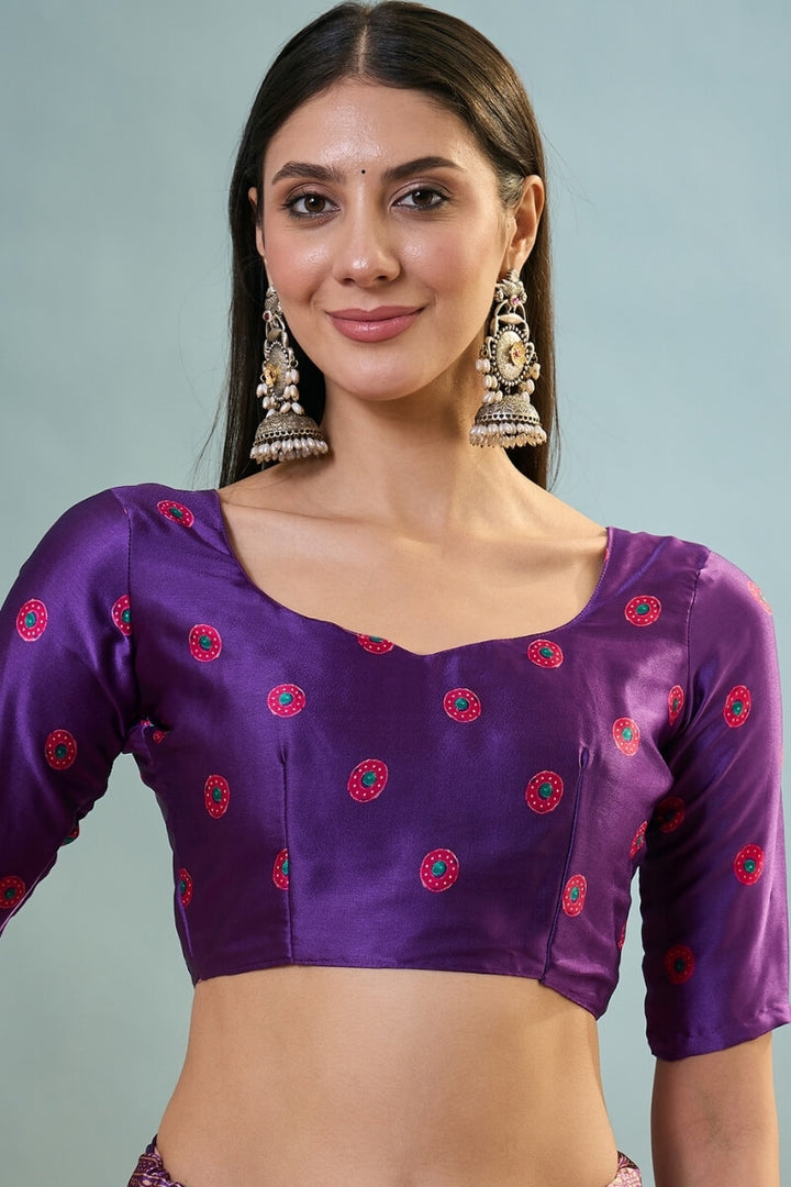 Purple and Pink Ajrakh Printed Satin Silk Saree