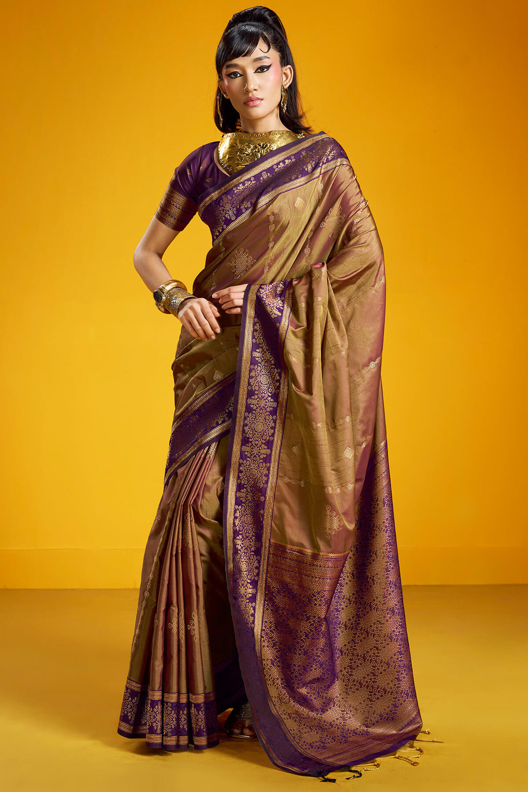 Purple Brown Zari Handloom Soft Banarasi Silk Saree