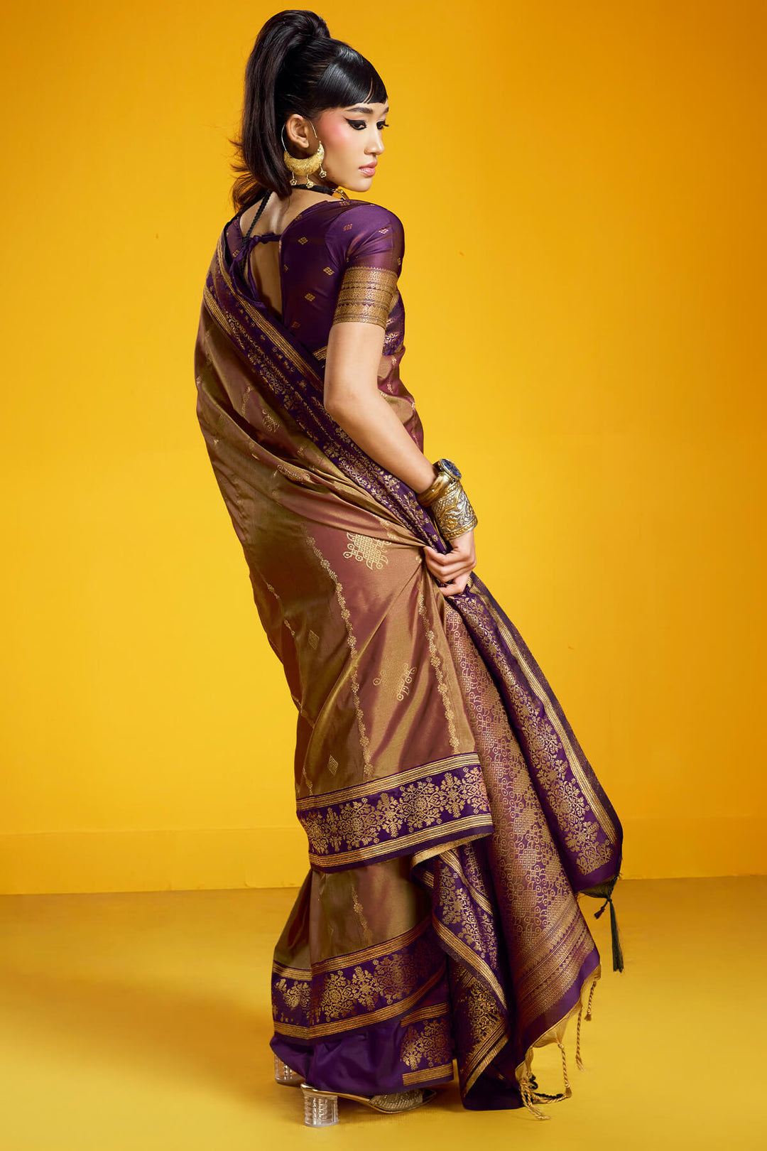 Purple Brown Zari Handloom Soft Banarasi Silk Saree