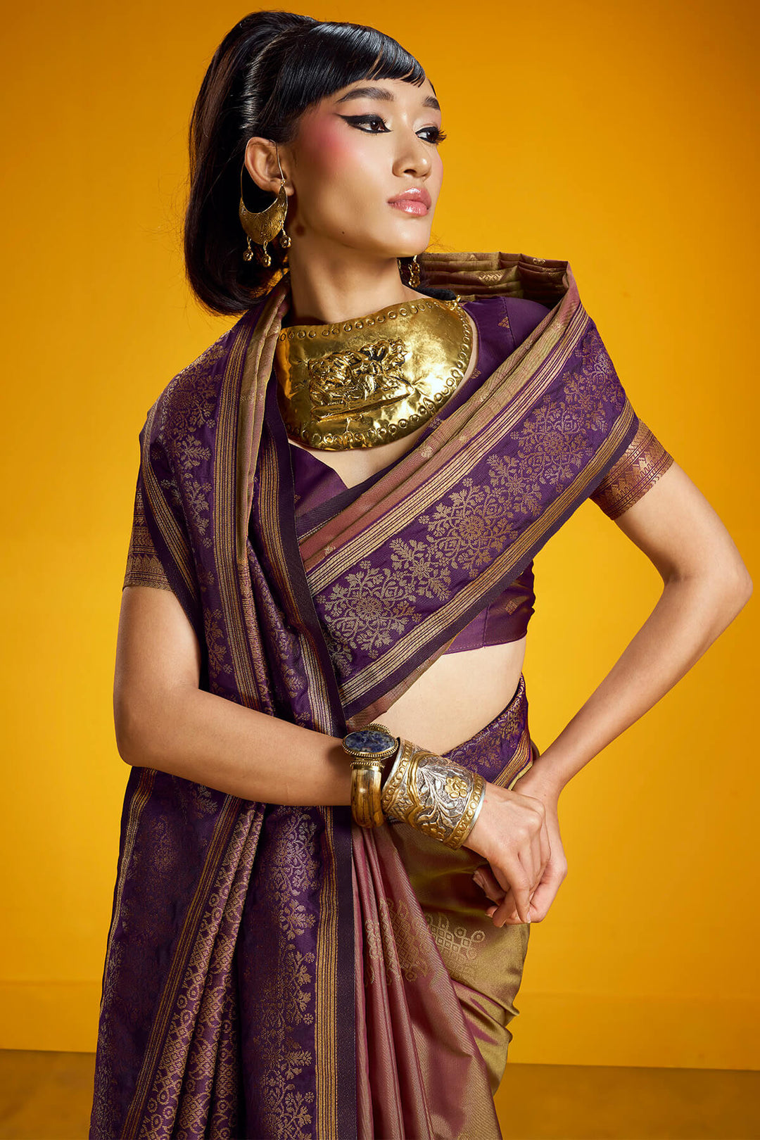 Purple Brown Zari Handloom Soft Banarasi Silk Saree