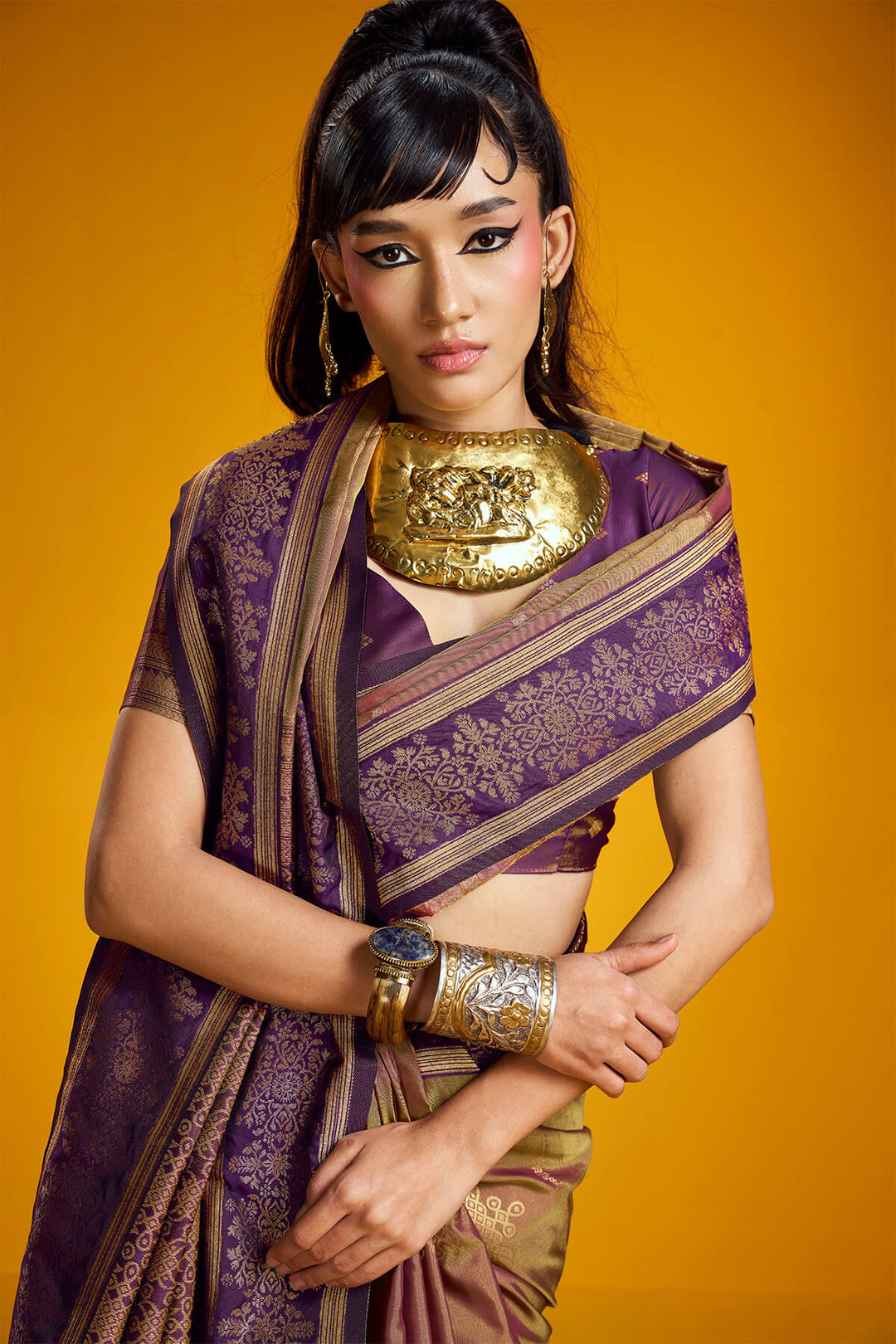 Purple Brown Zari Handloom Soft Banarasi Silk Saree