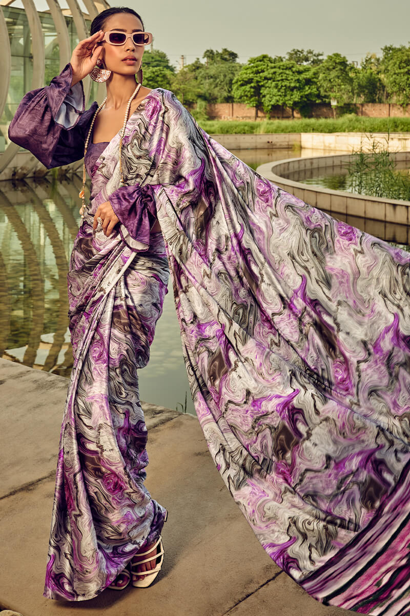 Purple Grey Printed Satin Silk Saree