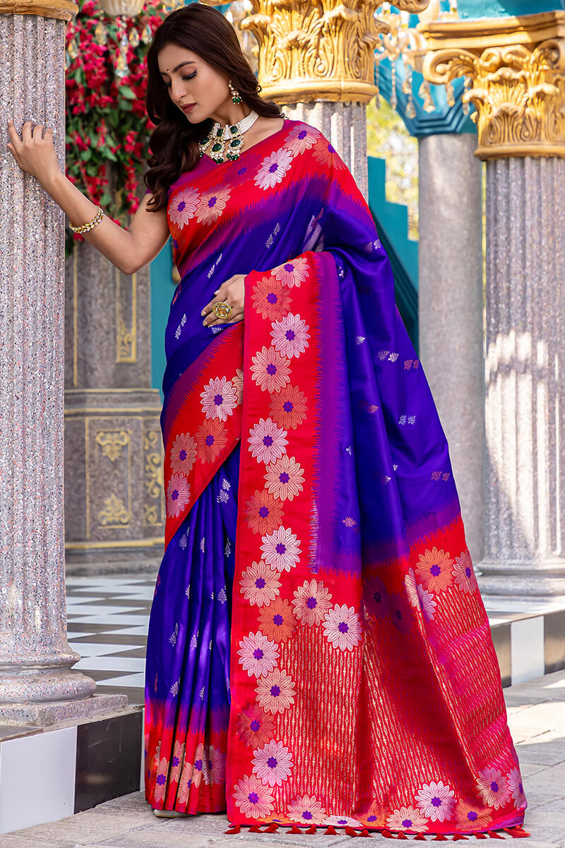 Purplish Blue Zari Woven Banarasi Silk Saree