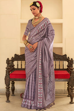 Purplish Brown Digital Printed Soft Silk Saree