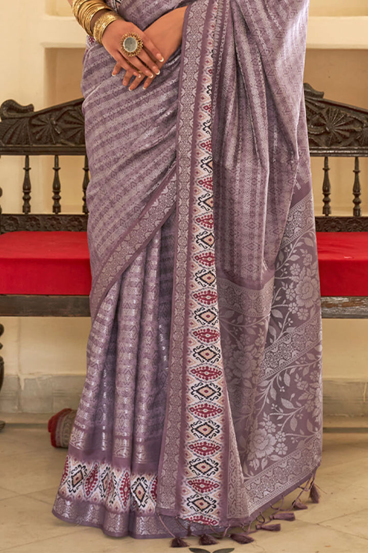 Purplish Brown Digital Printed Soft Silk Saree