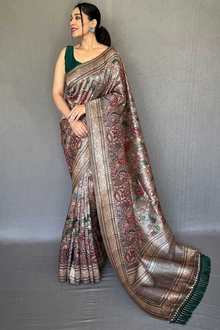 Purplish Brown Kalamkari Printed Soft Silk Saree