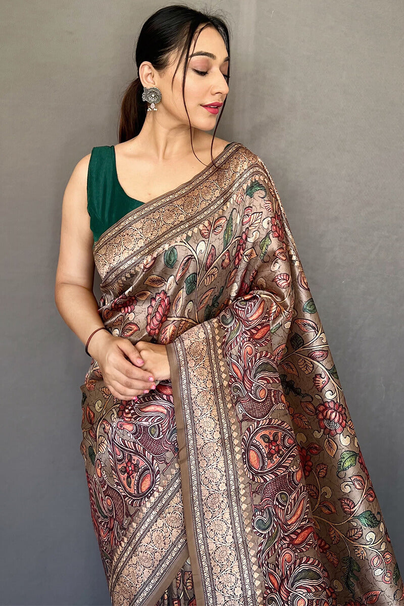 Purplish Brown Kalamkari Printed Soft Silk Saree