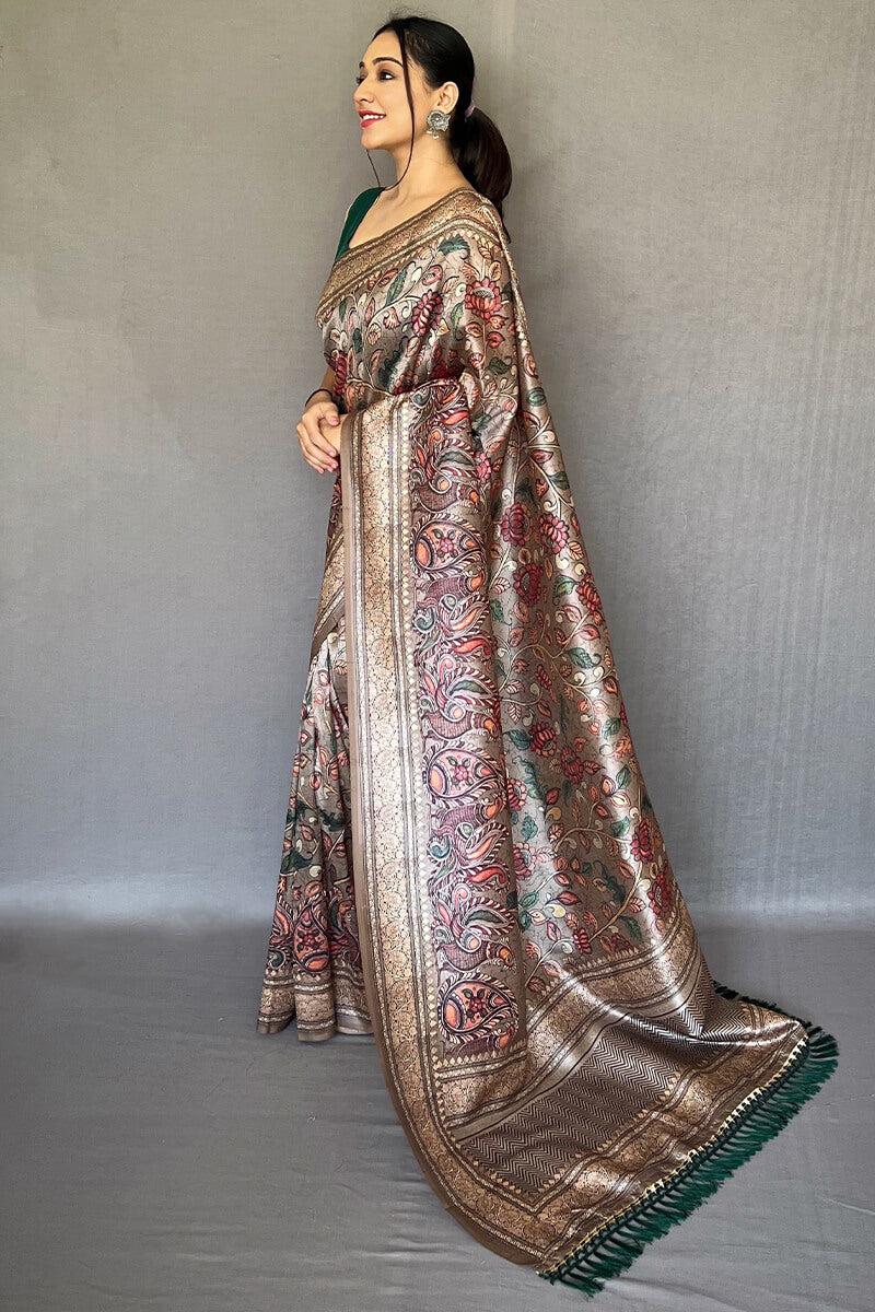 Purplish Brown Kalamkari Printed Soft Silk Saree