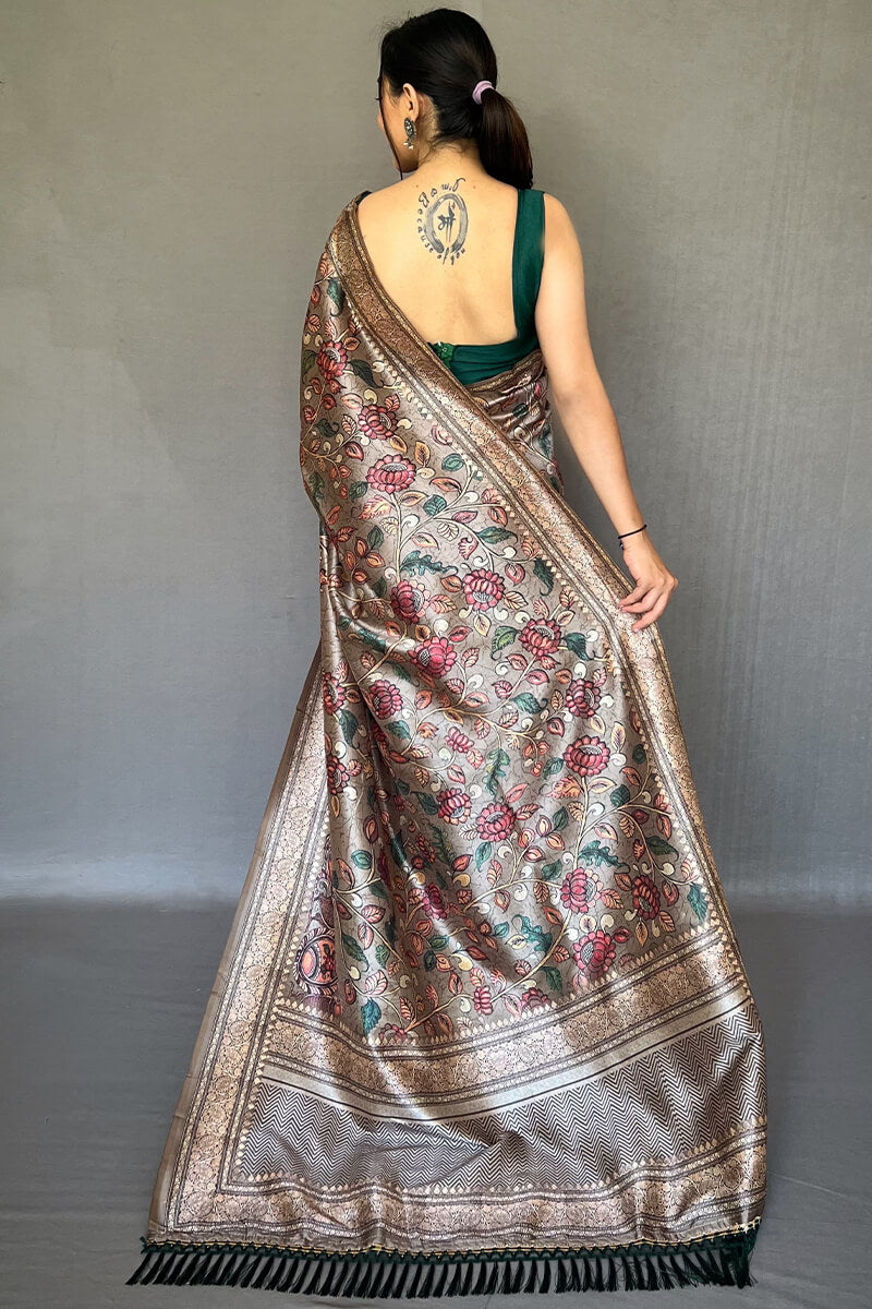 Purplish Brown Kalamkari Printed Soft Silk Saree