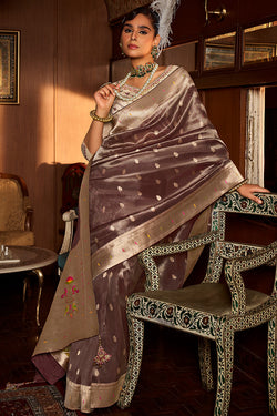 Purplish Brown Paithani Tissue Silk Saree With Embroidery Blouse